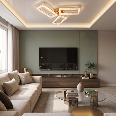 Lustra LED cu telecomanda, 120W, aurie, trei tipuri de lumina calda/naturala/rece, dimabila, aplicata, asimetrica