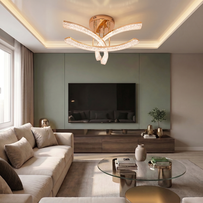 Lustra LED cu telecomanda, 80W, aurie, trei tipuri de lumina calda/naturala/rece, dimabila, aplicata, asimetrica