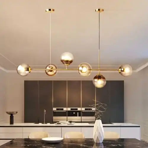 Lustra LED cu abajururi, aurie, liniara, 112x45x100cm, tip bec 6xE14, suspendata, moderna LC3661