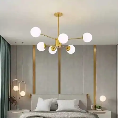 Lustra LED cu abajururi, aurie, rotunda, 70x15x48cm, tip bec 3xE27, suspendata, moderna LC3654