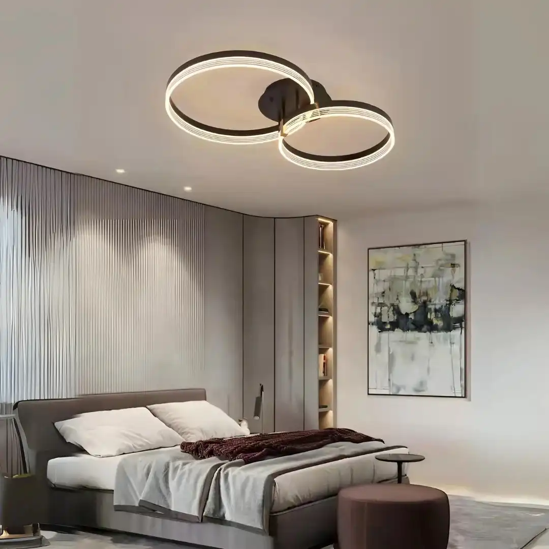 Lustra LED cu telecomanda, maro, rotunda, 86W, trei tipuri de lumina calda/naturala/rece, dimabila, 65x35x20cm, aplicata, moderna 2853