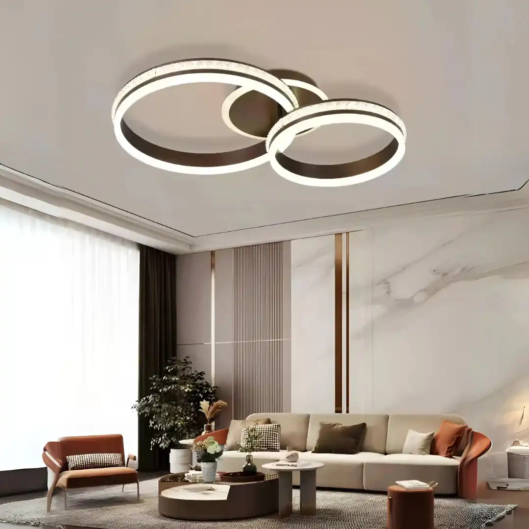 Lustra LED cu telecomanda, maro, rotunda, 194W, trei tipuri de lumina calda/naturala/rece, dimabila, 70x50x17cm, aplicata, moderna 2851