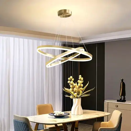 Lustra LED cu telecomanda, aurie, rotunda, 112W, trei tipuri de lumina calda/naturala/rece, dimabila, 60x60x120cm, suspendata, moderna 3023