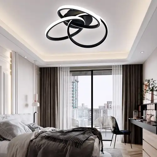 Lustra LED cu telecomanda, neagra, asimetrica, 84W, trei tipuri de lumina calda/naturala/rece, dimabila, 48x48x10cm, aplicata, moderna 2906