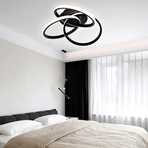 Lustra LED cu telecomanda, neagra, asimetrica, 84W, trei tipuri de lumina calda/naturala/rece, dimabila, 48x48x10cm, aplicata, moderna 2906