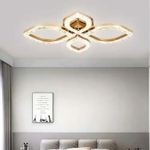 Lustra LED cu telecomanda, aurie, ovala, 96W, trei tipuri de lumina calda/naturala/rece, dimabila, 53x66x14cm, aplicata, moderna 2929