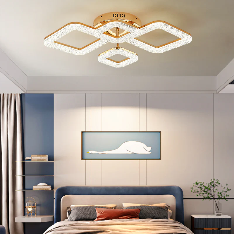 Lustra LED cu telecomanda, aurie, patrata, 96W, trei tipuri de lumina calda/naturala/rece, dimabila, 67x47x12cm, aplicata, moderna 2699