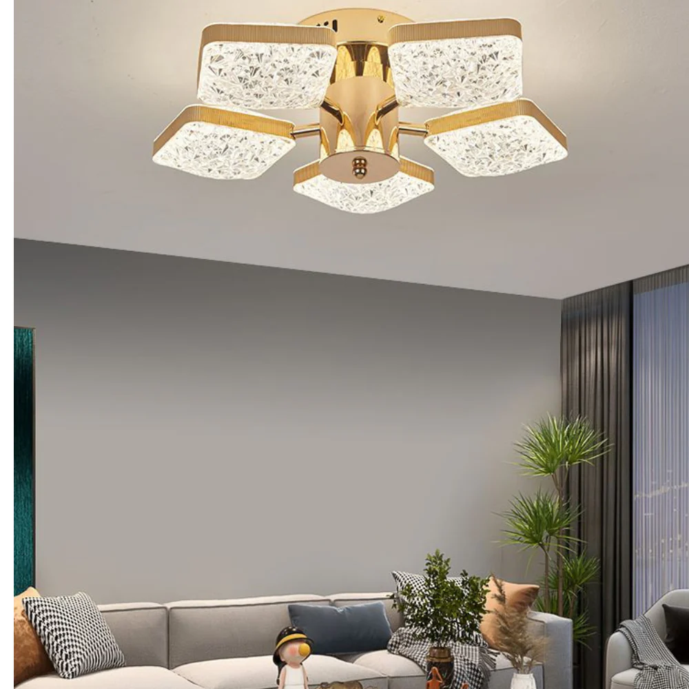 Lustra LED cu telecomanda, aurie, patrata, 80W, trei tipuri de lumina calda/naturala/rece, dimabila, 47x47x15cm, aplicata, moderna 2716