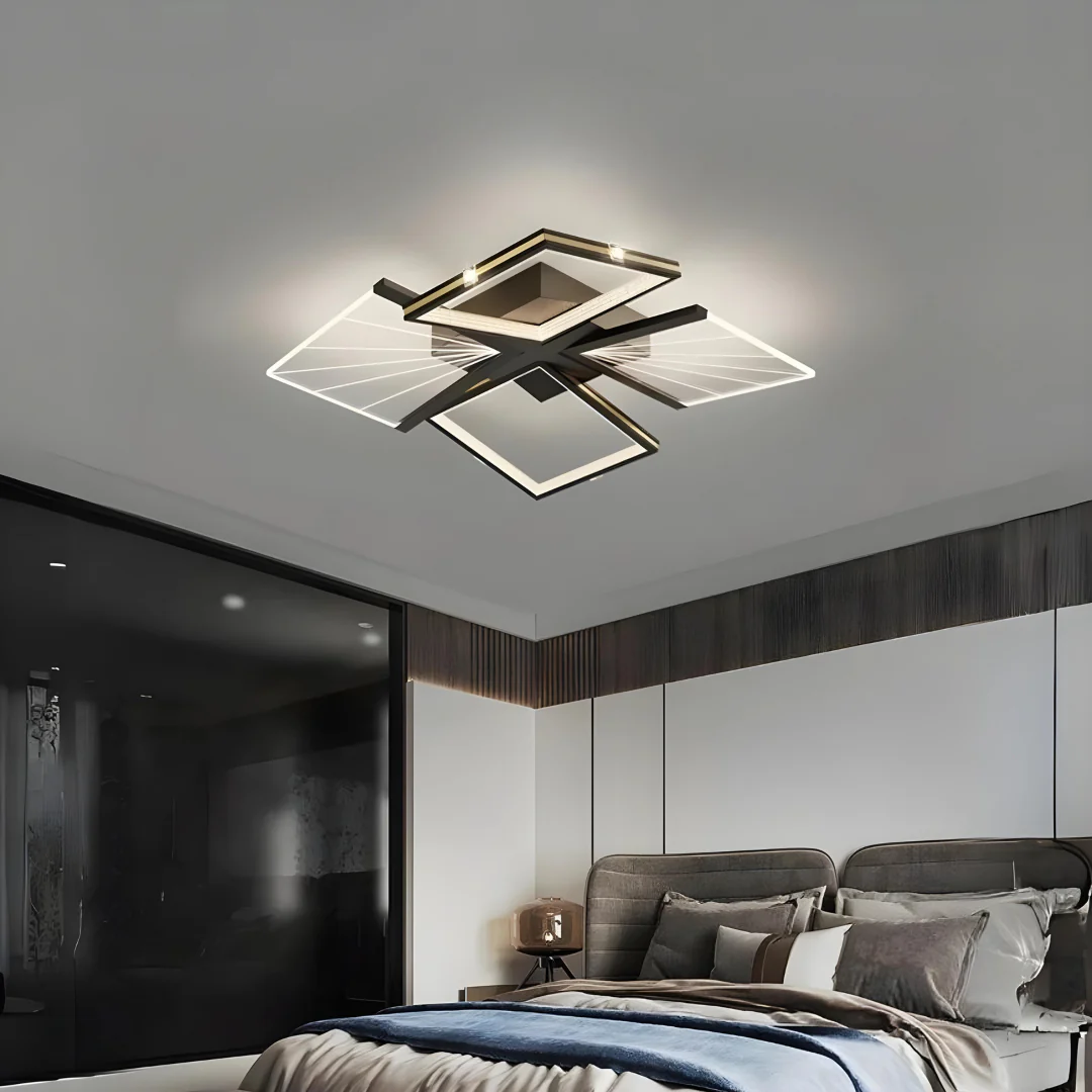 Lustra LED cu telecomanda, neagra cu auriu, patrata, 65W, trei tipuri de lumina calda/naturala/rece, dimabila, 52x52x7cm, aplicata, moderna 2721