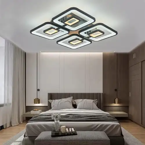 Lustra LED cu telecomanda, neagra, patrata, 200W, trei tipuri de lumina calda/naturala/rece si RGB, dimabila, 53x53x10cm, aplicata, moderna 2740