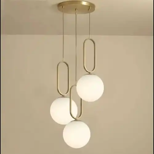 Lustra LED cu abajururi, aurie, rotunda, 30x30x70cm, tip bec 3xE27, suspendata, moderna LC3652