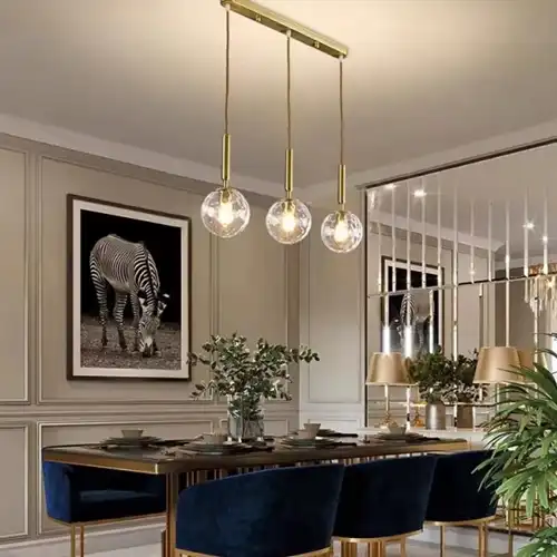 Lustra LED cu abajururi, aurie, liniara, 58x18x100cm, tip bec 3xE27, suspendata, moderna LC3671