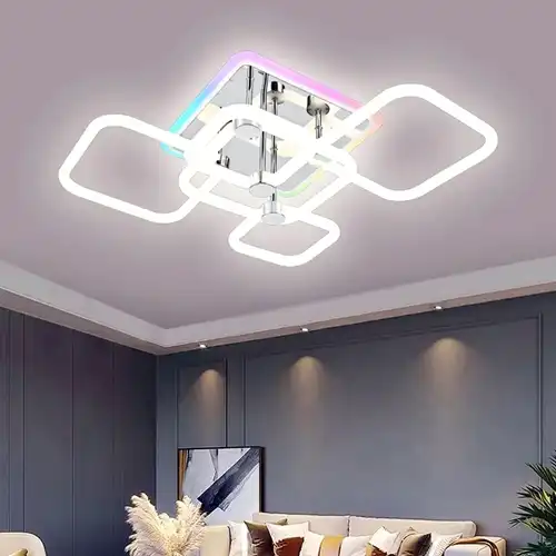 Lustra LED cu telecomanda, alba cu argintiu, asimetrica, 54W, trei tipuri de lumina calda/naturala/rece si RGB, dimabila, 75x50x20cm, aplicata, moderna 2633