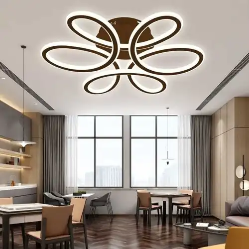 Lustra LED cu telecomanda, maro, rotunda, 230W, trei tipuri de lumina calda/naturala/rece, dimabila, 45x45x14cm, aplicata, moderna 3810