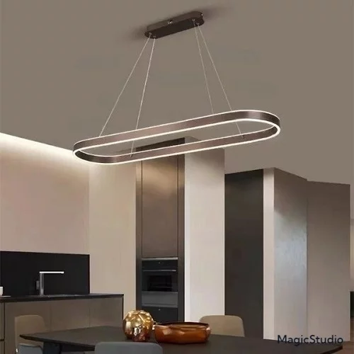 Lustra LED cu telecomanda, maro, ovala, 120W, trei tipuri de lumina calda/naturala/rece, dimabila, 80x30x100cm, aplicata, moderna 3767